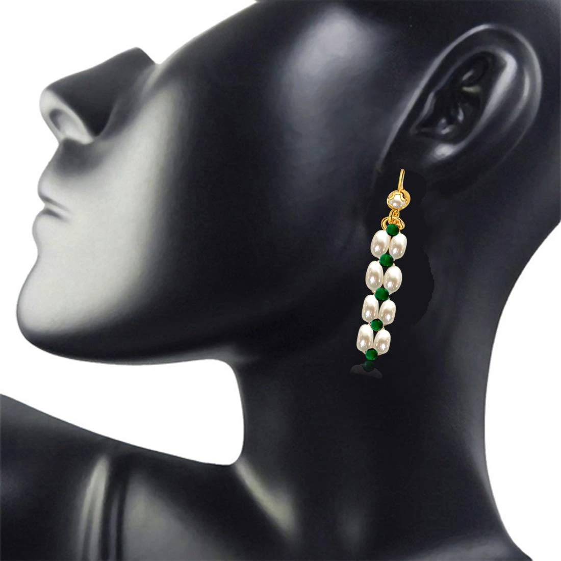 Real Rice Pearl & Green Onyx Beads Hanging Earrings for Women (SE34)