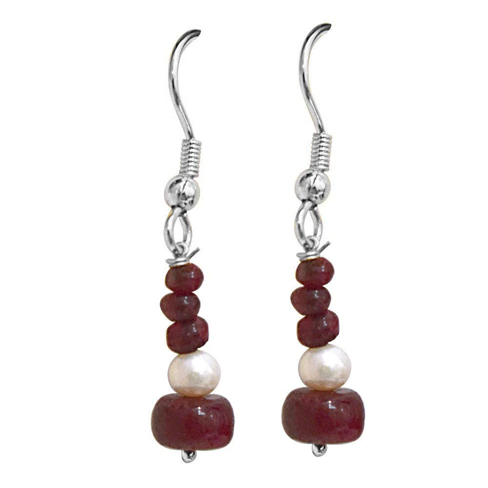 Real Dark Ruby Beads & Freshwater Pearl Silver Plated Hanging Earrings (SE350)