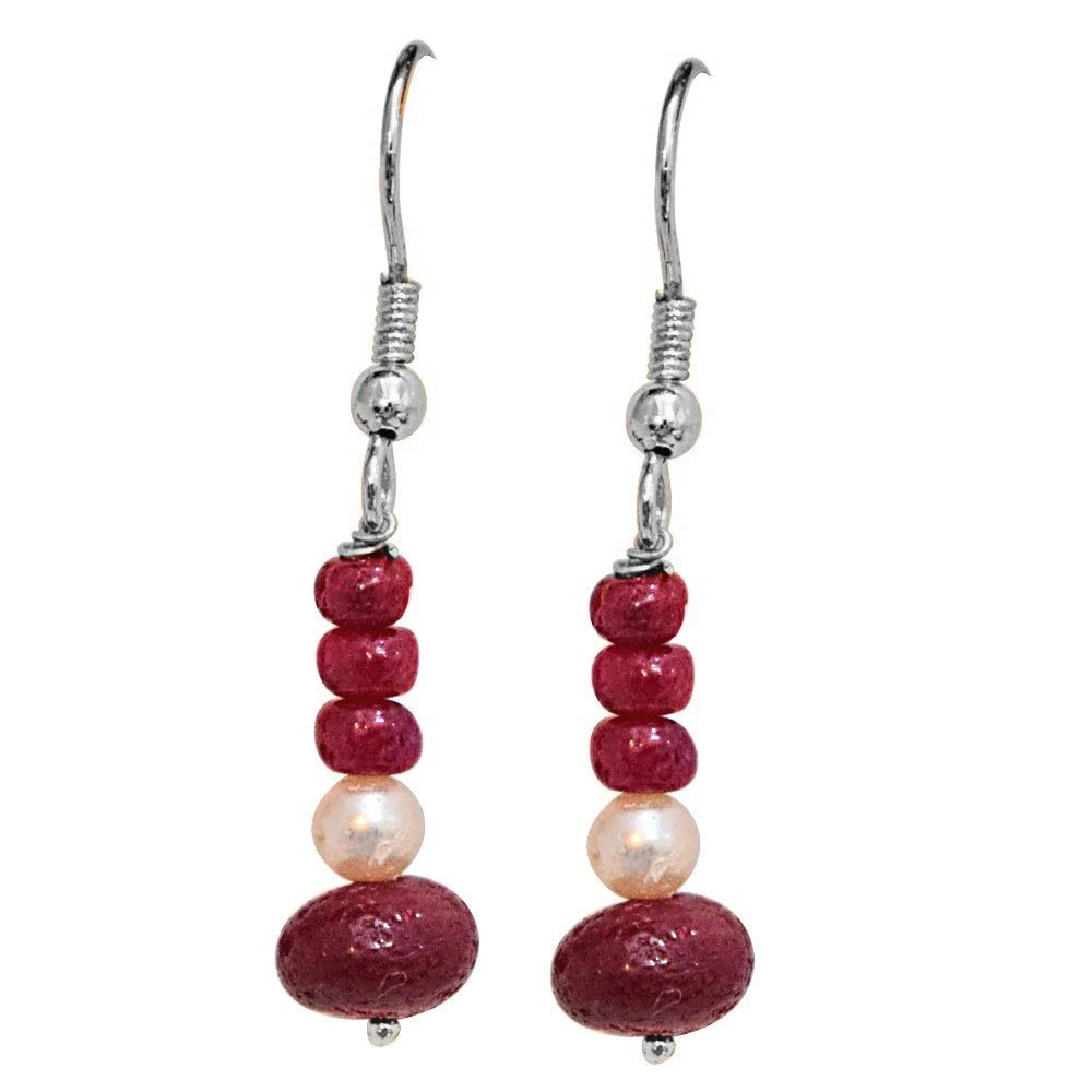 Real Dark Ruby Beads & Freshwater Pearl Silver Plated Hanging Earrings (SE350)