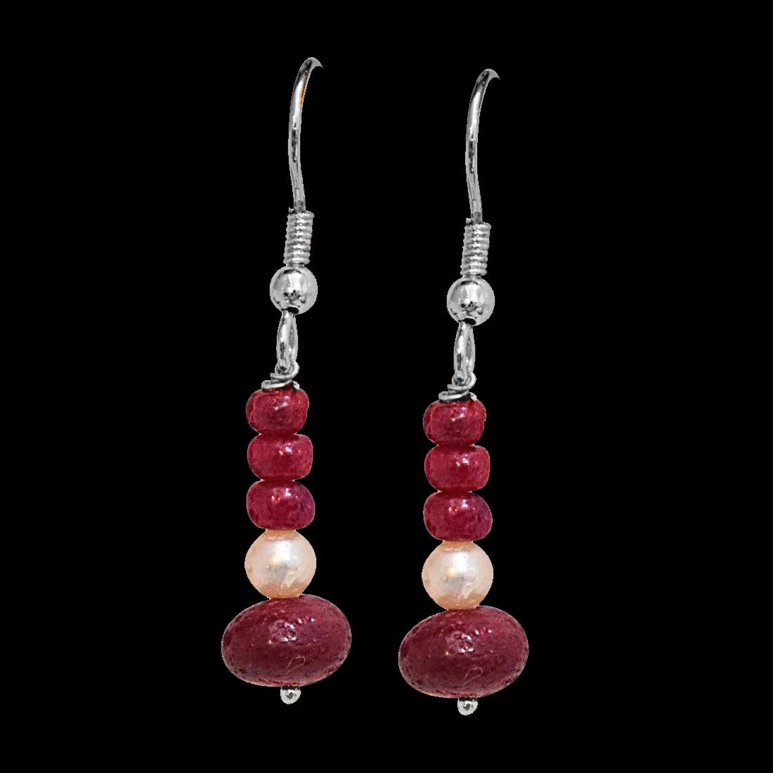 Real Dark Ruby Beads & Freshwater Pearl Silver Plated Hanging Earrings (SE350)