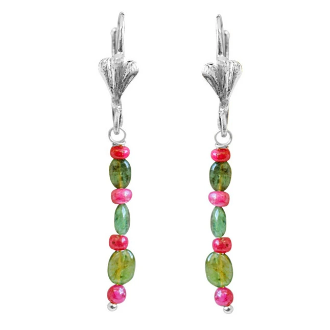 Real Red Ruby Beads & Green Oval Emerald Hanging Earrings for Women (SE352)