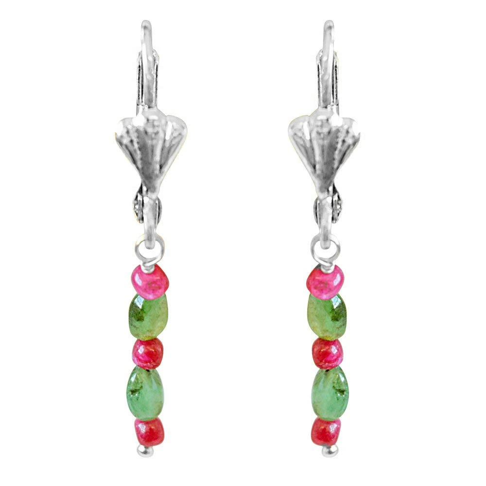 Real Red Ruby Beads, Green Oval Emerald & Silver Plated Hanging Earrings for Women SE353