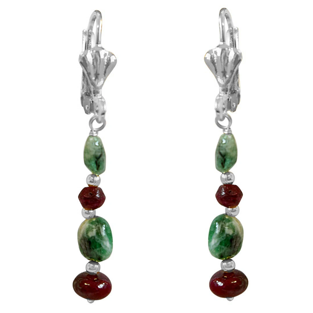Real Oval Green Emerald, Red Ruby & Silver Plated Beads Hanging Earrings for Women (SE354)