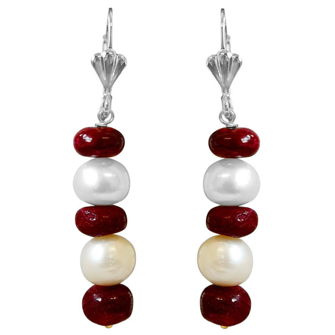 Real Big Ruby Beads and Freshwater Pearl Silver Plated Hanging Earrings for Women (SE355)