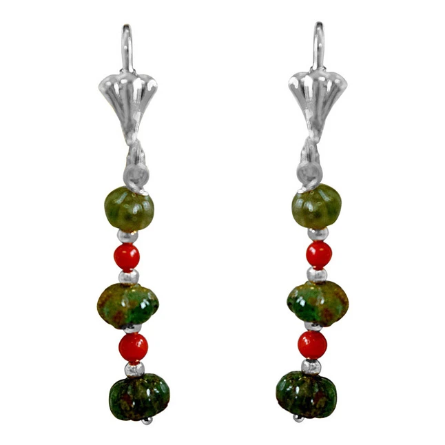 Real Emerald beads and Coral Beads Silver Plated Hanging Earrings for Women (SE356)