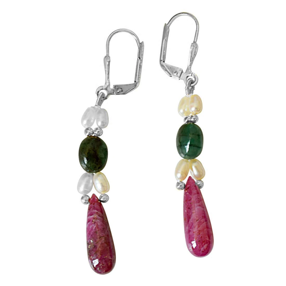 Real Drop Ruby, Green Oval Emerald and Pearl Silver Plated Hanging Earrings for Women (SE357)