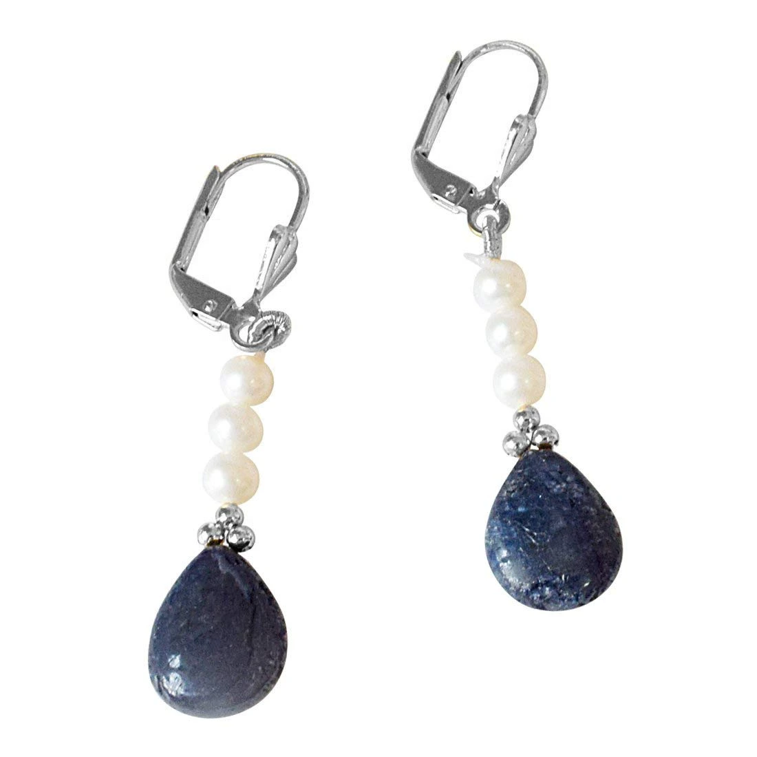 Real Drop Blue Sapphire, Freshwater Pearl and Silver Plated Flower Shaped Hanging Earrings for Women (SE359)