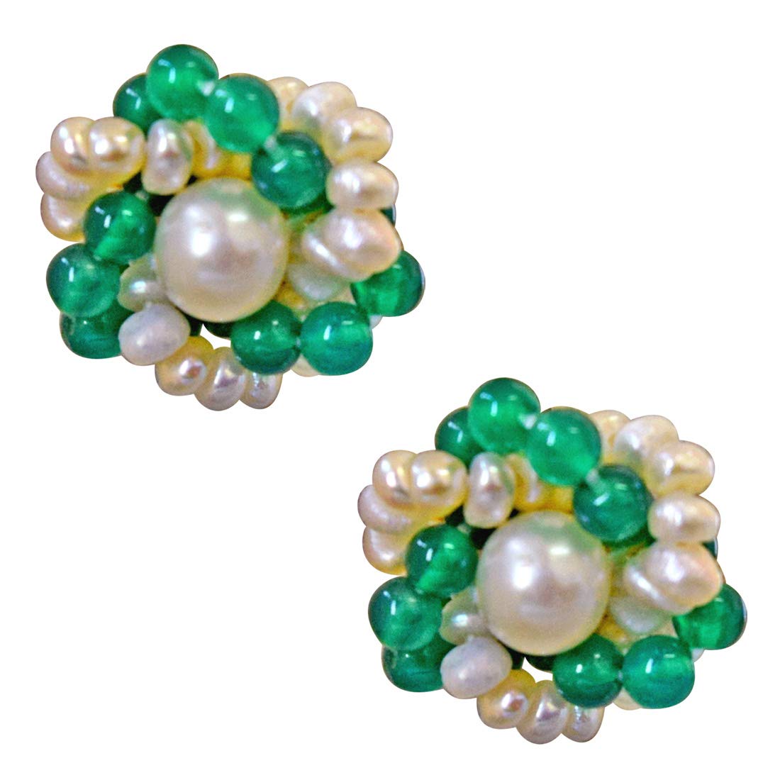 Traditional Real Freshwater Pearl, Green Onyx & Gold Plated Kuda Jodi Earrings (SE35)
