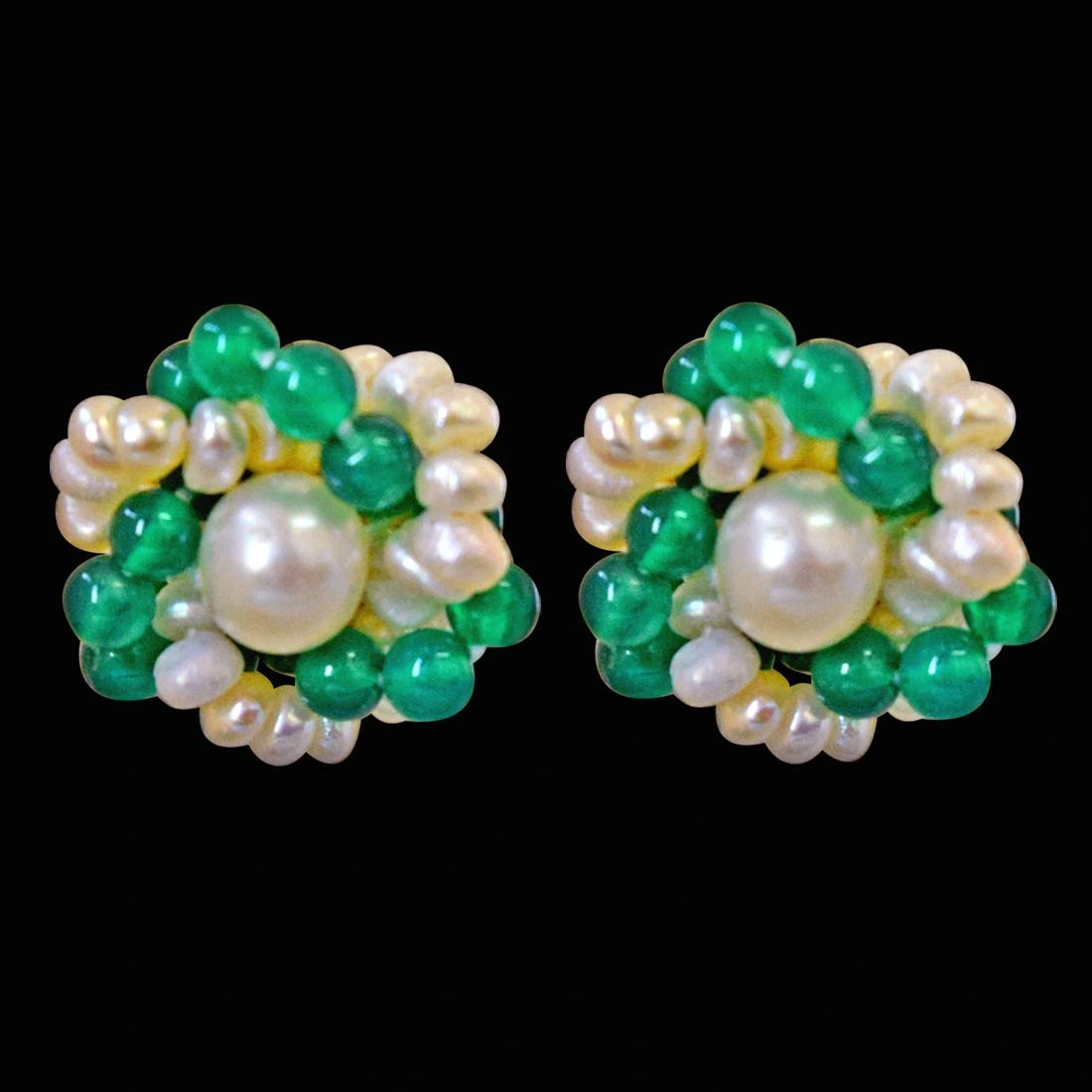 Traditional Real Freshwater Pearl, Green Onyx & Gold Plated Kuda Jodi Earrings (SE35)
