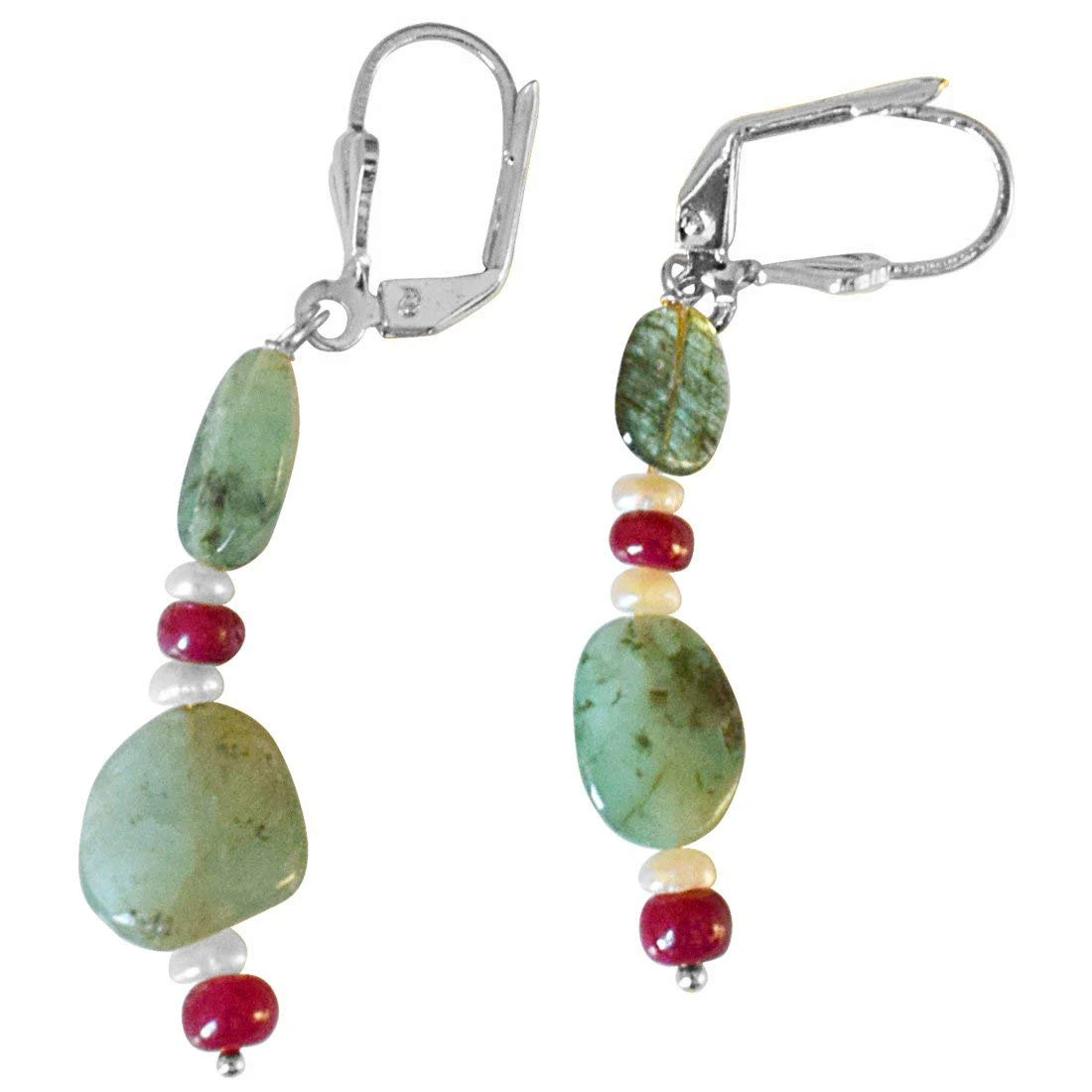 Real Oval Emerald, Ruby Beads and Freshwater Pearl Silver Plated Flower Shaped Hanging Earrings for Women (SE361)