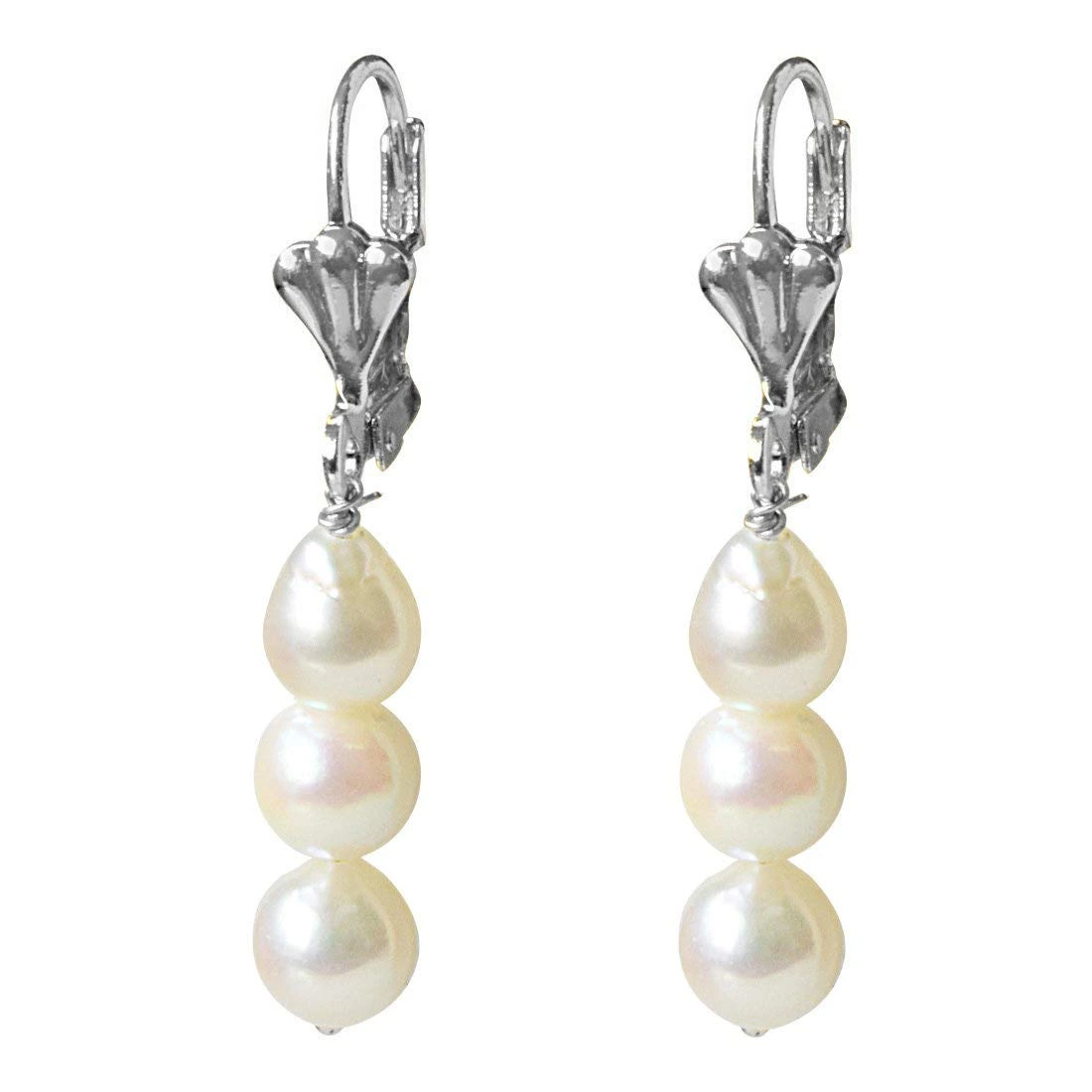 Real Natural Cultured Pearl and Flower Shaped Silver Plated Hanging Earrings for Women (SE362)
