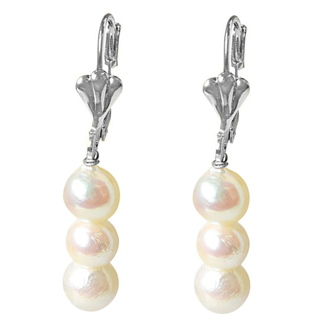 Real Natural Cultured Pearl and Flower Shaped Silver Plated Hanging Earrings for Women (SE363)