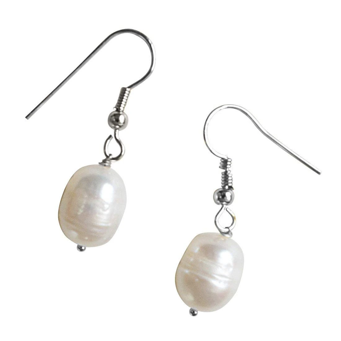 Real Elongated Freshwater Pearl & Silver Plated Wire Style Hanging Earrings (SE364)