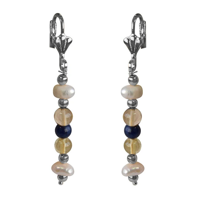 Blue Lapiz, Citrin, Natural Freshwater Pearls and Silver Plated Bead Hanging Earrings for Women (SE365)