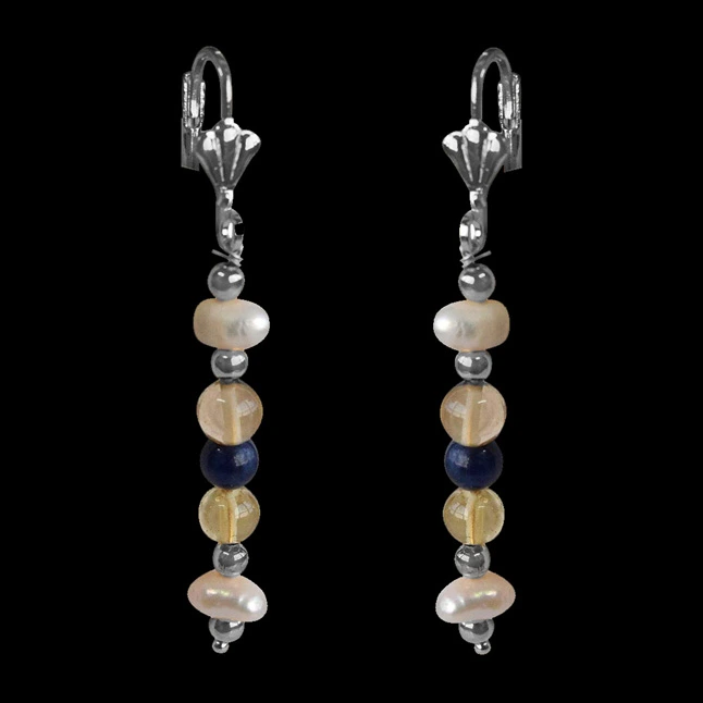 Blue Lapiz, Citrin, Natural Freshwater Pearls and Silver Plated Bead Hanging Earrings for Women (SE365)