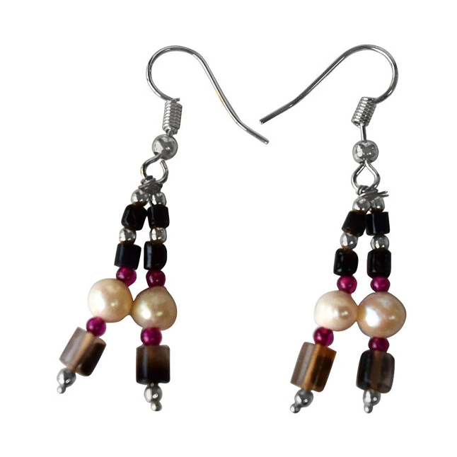 Black Onyx, Red Garnet, Silver Plated Beads and Freshwater Pearls Hanging Earrings for Women (SE366)