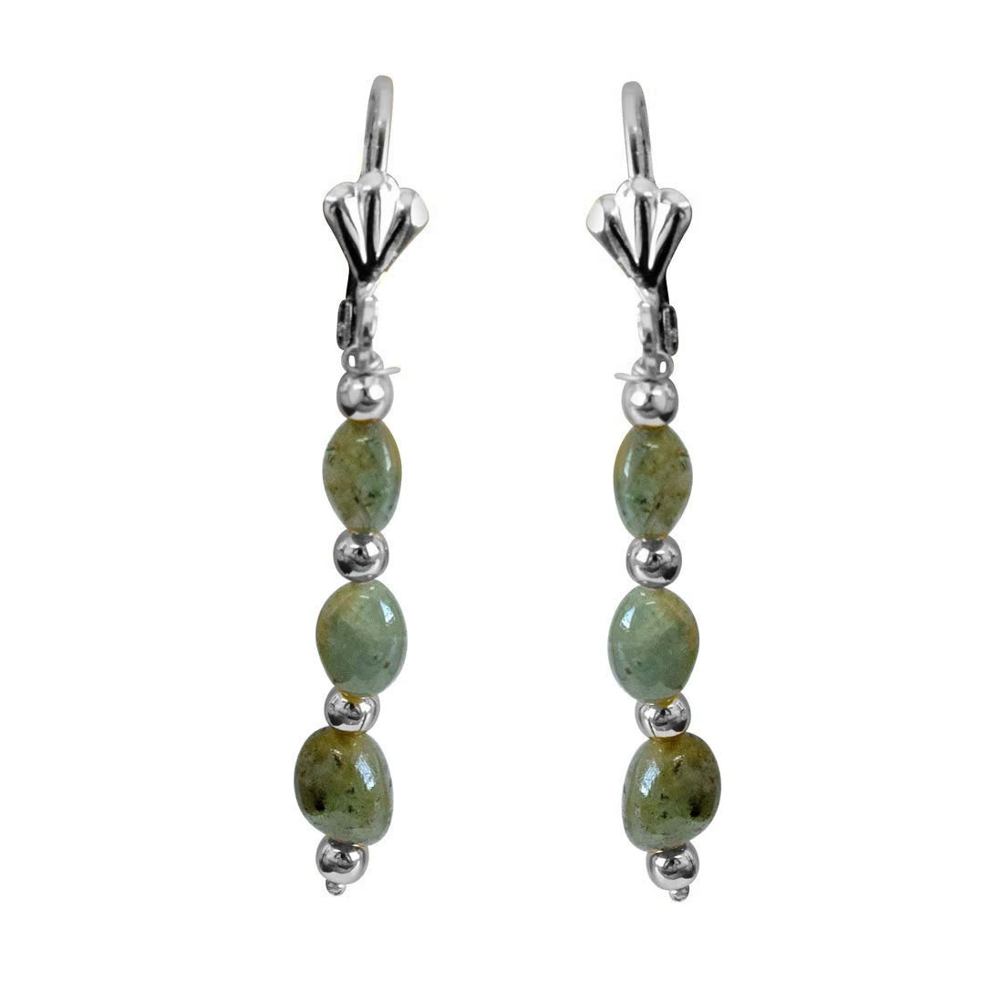 Real Natural Oval Emerald & Silver Plated Beads Earring (SE367)