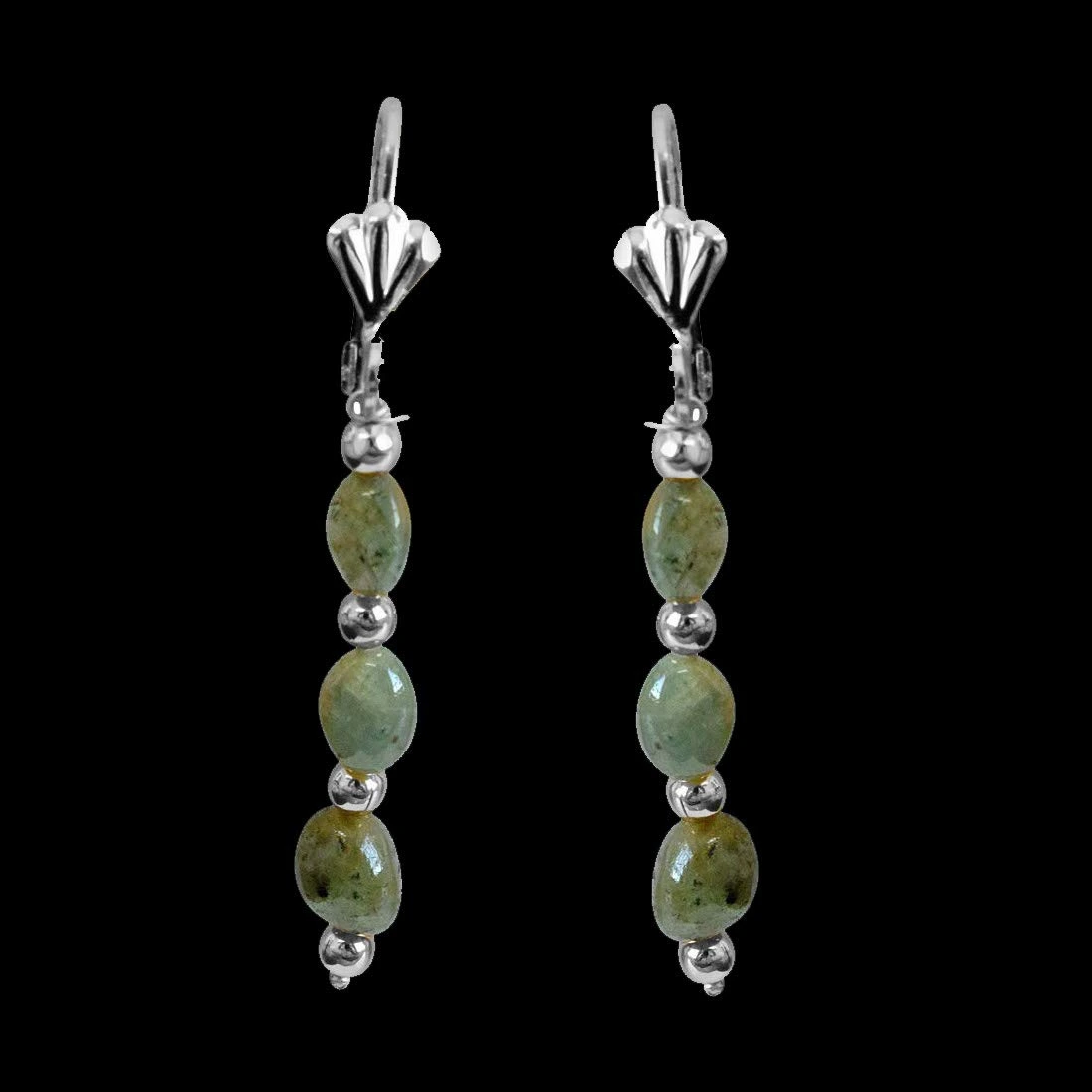 Real Natural Oval Emerald & Silver Plated Beads Earring (SE367)