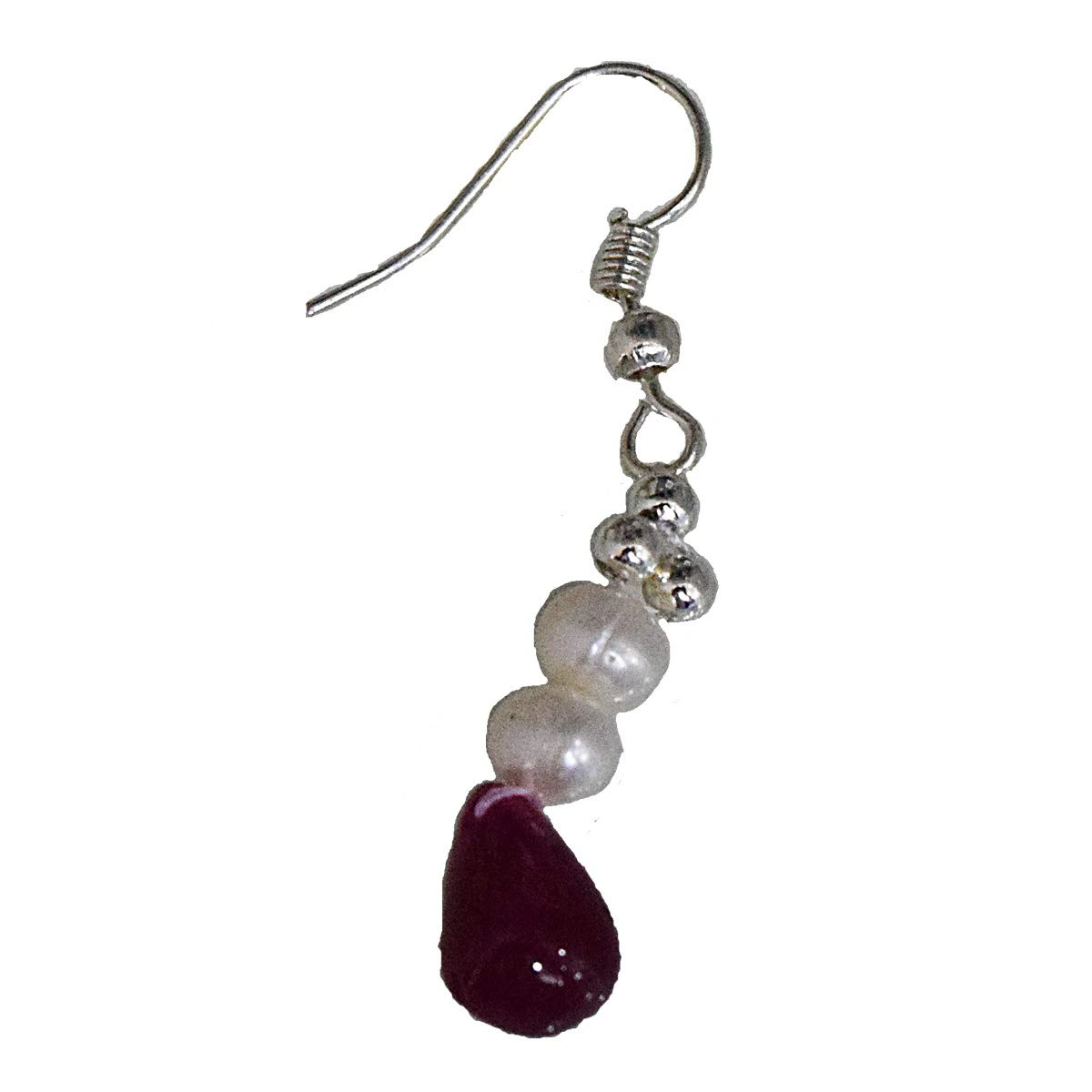 Precious Gem Collection Silver Plated Metal Freshwater Pearl Ruby Dangling Earring (SE368)