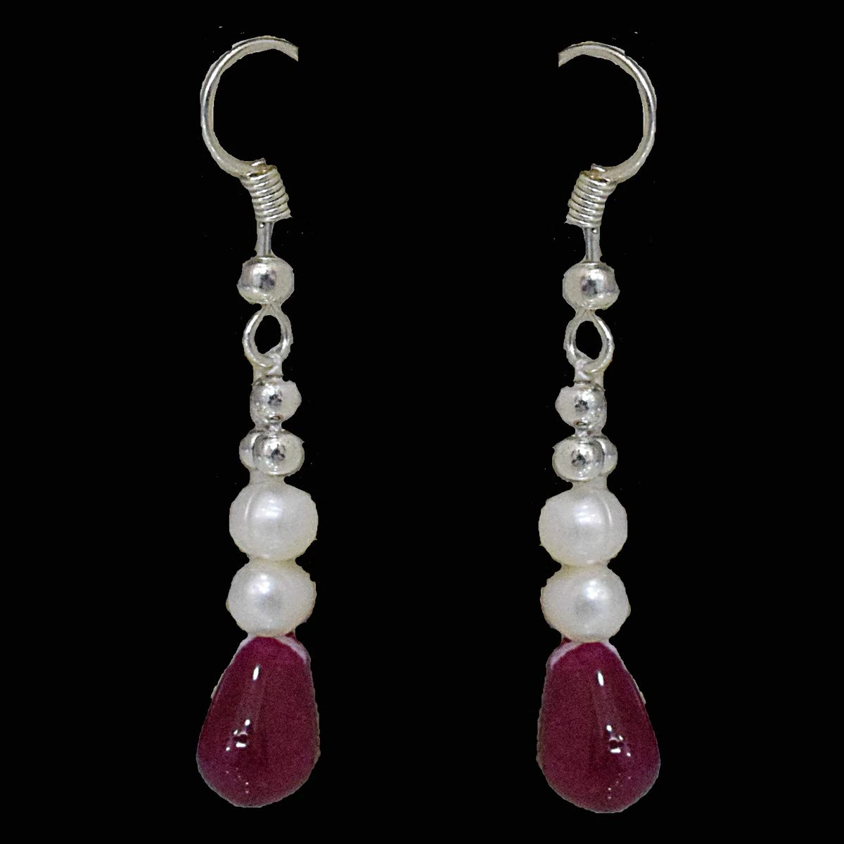 Precious Gem Collection Silver Plated Metal Freshwater Pearl Ruby Dangling Earring (SE368)