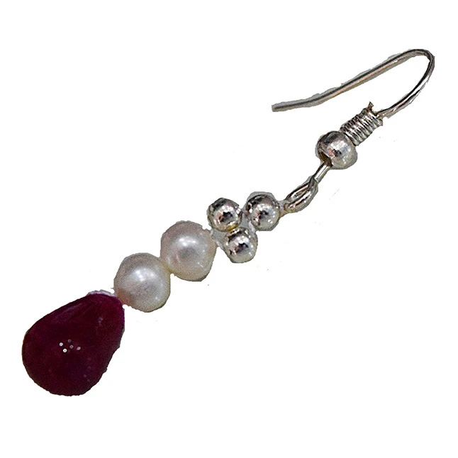 Precious Gem Collection Silver Plated Metal Freshwater Pearl Ruby Dangling Earring (SE368)