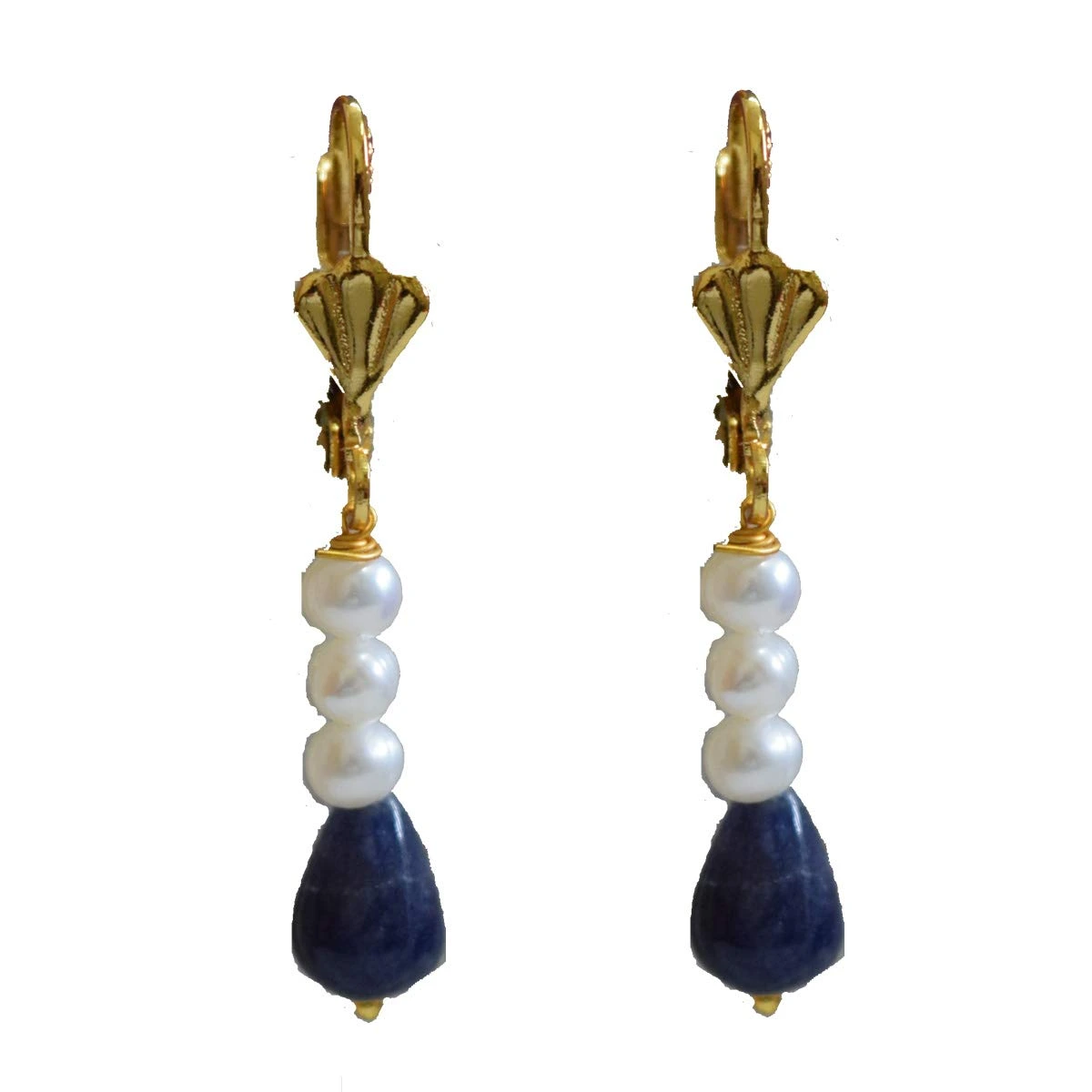 Gold Plated Metal Freshwater Pearl Sapphire Hanging Earring (SE369)