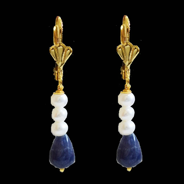 Gold Plated Metal Freshwater Pearl Sapphire Hanging Earring (SE369)