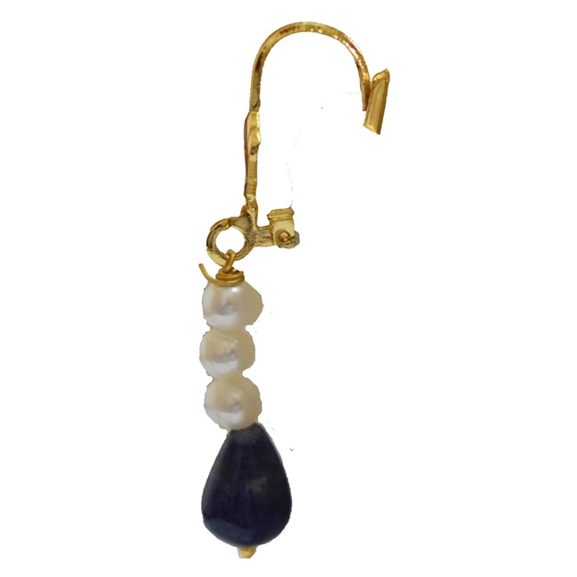 Gold Plated Metal Freshwater Pearl Sapphire Hanging Earring (SE369)