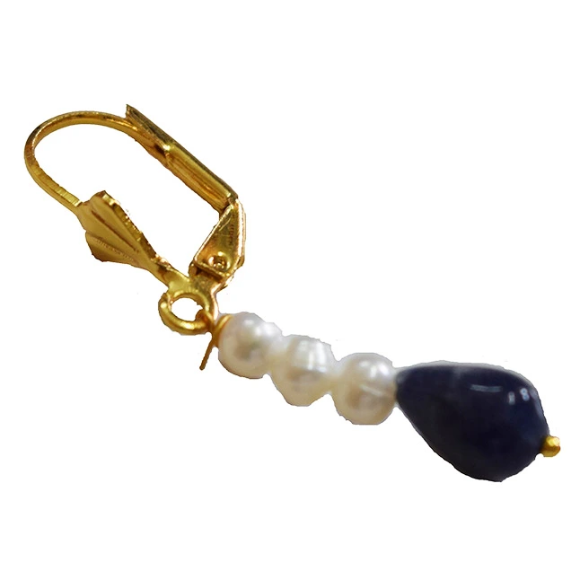 Gold Plated Metal Freshwater Pearl Sapphire Hanging Earring (SE369)