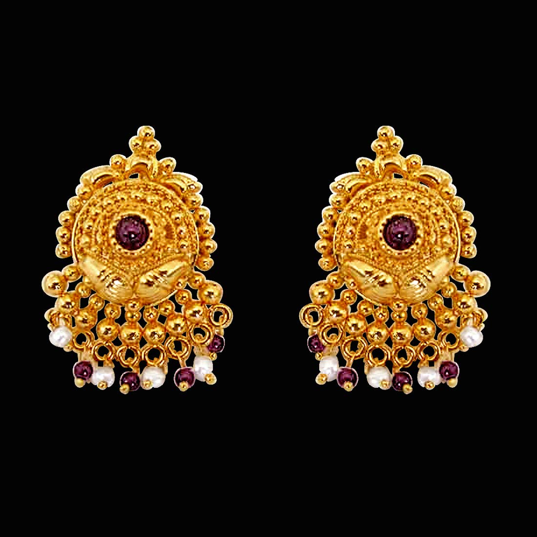 Garnet Grace - Temple Design Real Freshwater Pearl, Red Garnet & Gold Plated Earrings for Women (SE36)