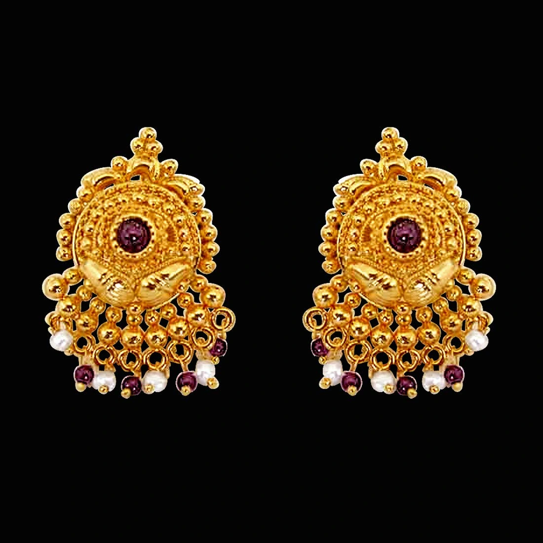 Garnet Grace - Temple Design Real Freshwater Pearl, Red Garnet & Gold Plated Earrings for Women (SE36)
