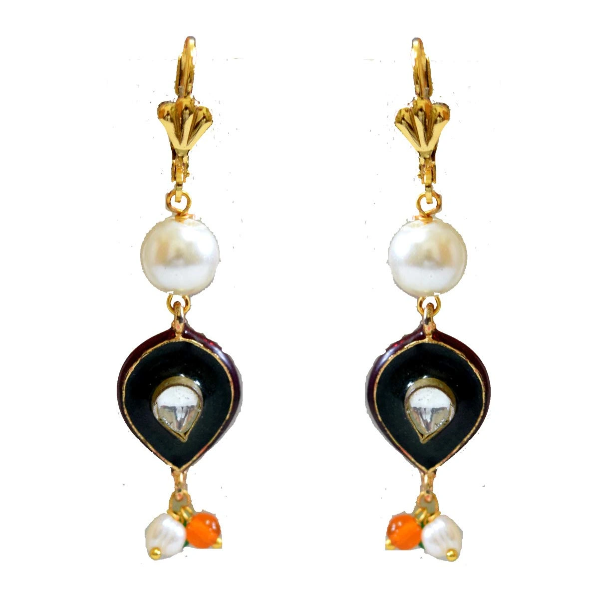 Ethnic Collection Gold Plated Metal Shell Pearl Colored Stone Hanging Earring (SE370)