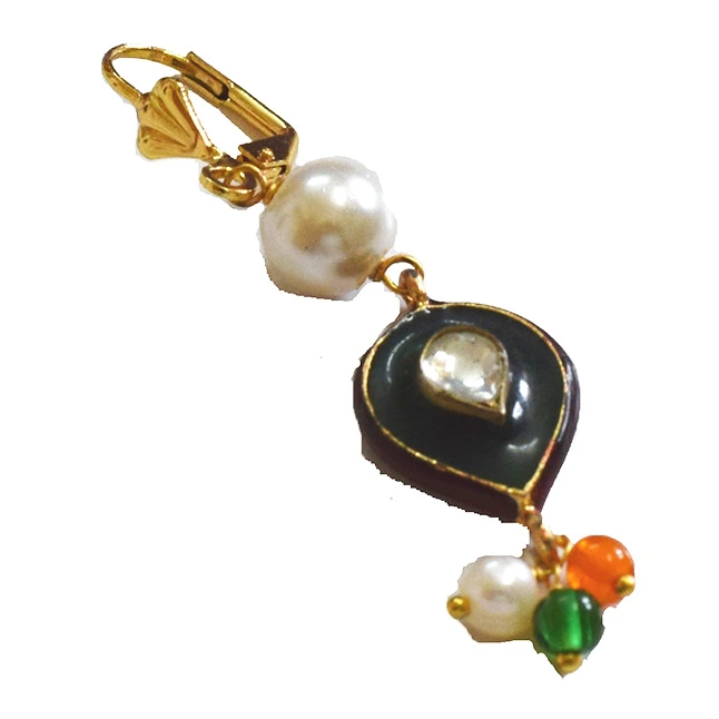 Ethnic Collection Gold Plated Metal Shell Pearl Colored Stone Hanging Earring (SE370)