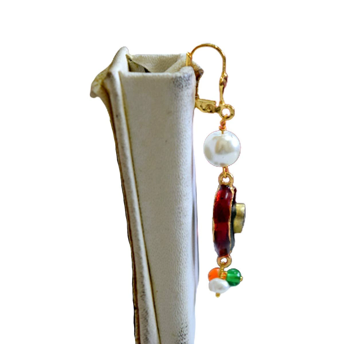 Ethnic Collection Gold Plated Metal Shell Pearl Colored Stone Hanging Earring (SE370)