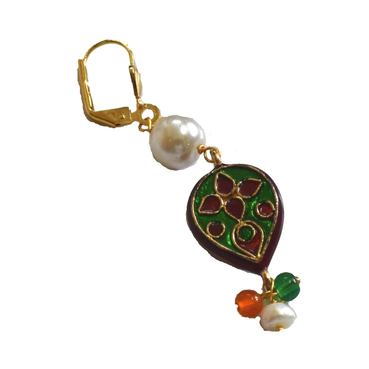 Ethnic Collection Gold Plated Metal Shell Pearl Colored Stone Hanging Earring (SE370)