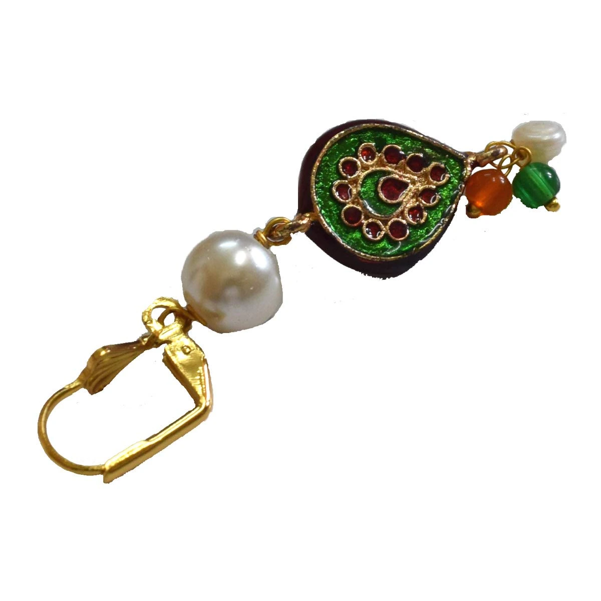 Ethnic Collection Gold Plated Metal Shell Pearl Colored Stone Hanging Earring (SE370)