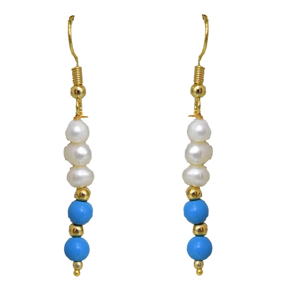 Single Line Real Freshwater Pearl, Gold Plated Beads & Blue Turquoise Beads Necklace, Earrings, Ring, Bracelet Set (SN1022+Ring-4+SB75+SE373)