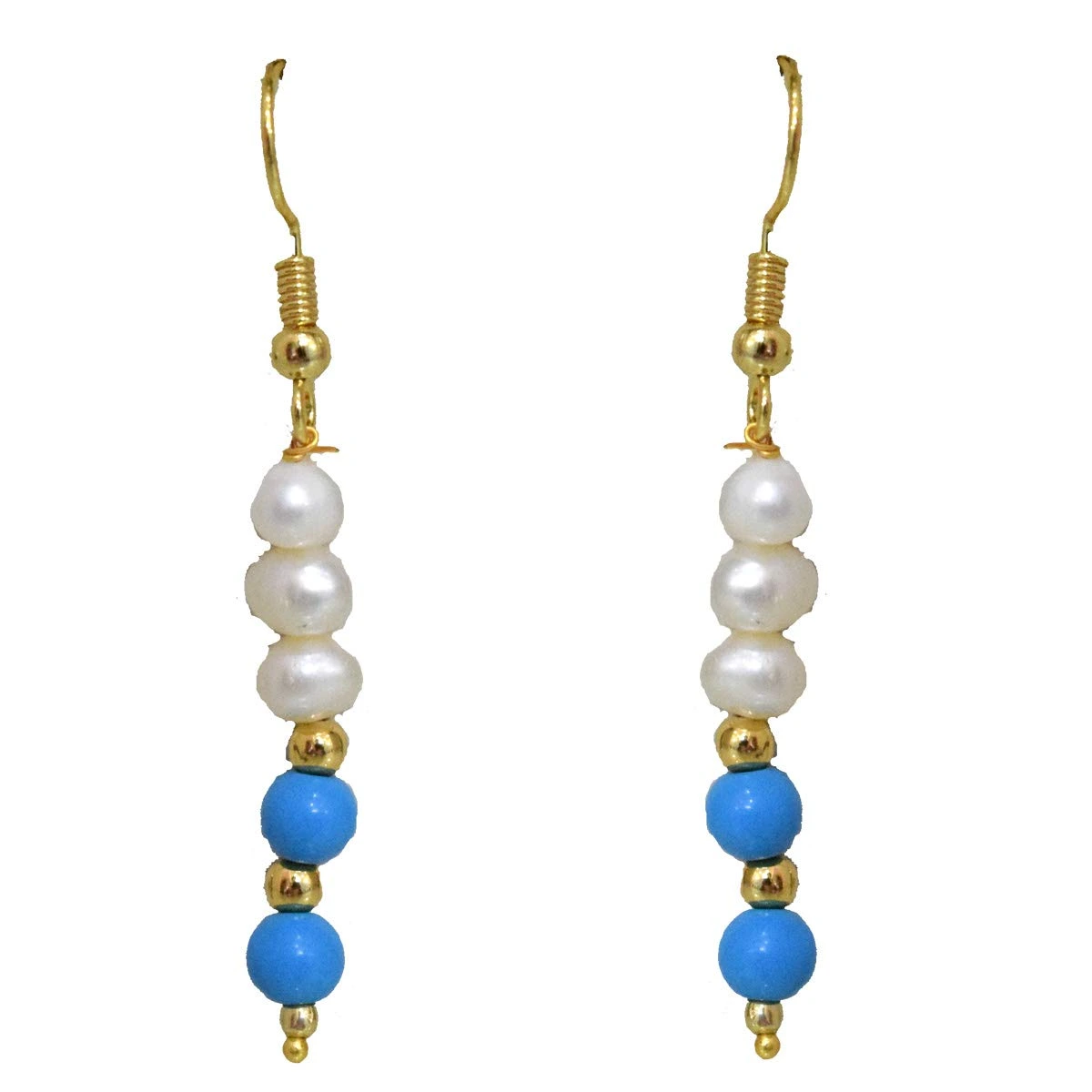 Real Freshwater Pearl, Turquoise & Gold Plated Beads Wire Earring (SE373)