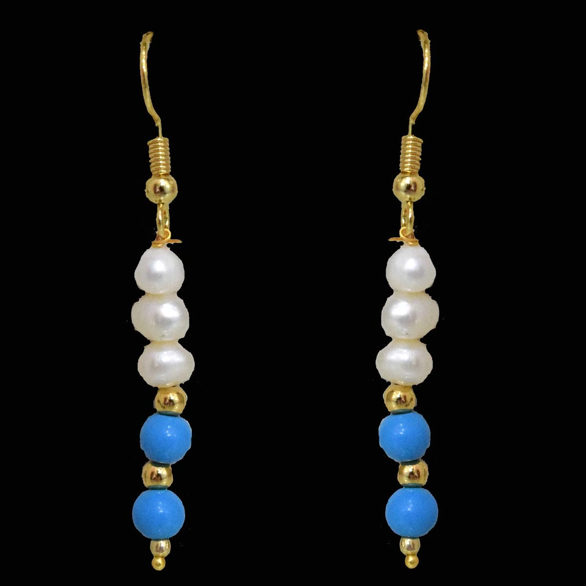 Real Freshwater Pearl, Turquoise & Gold Plated Beads Wire Earring (SE373)