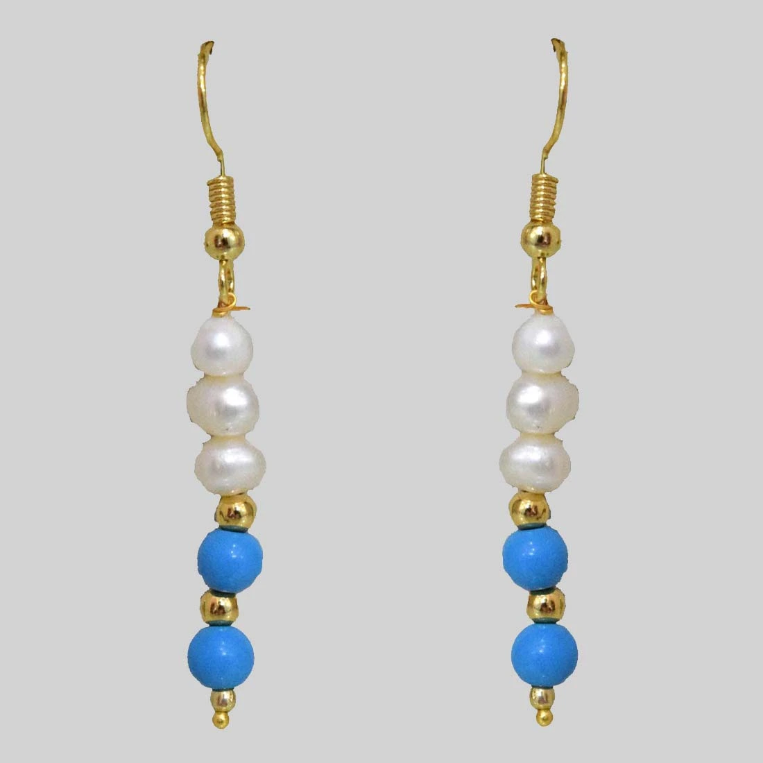 Real Freshwater Pearl, Turquoise & Gold Plated Beads Wire Earring (SE373)