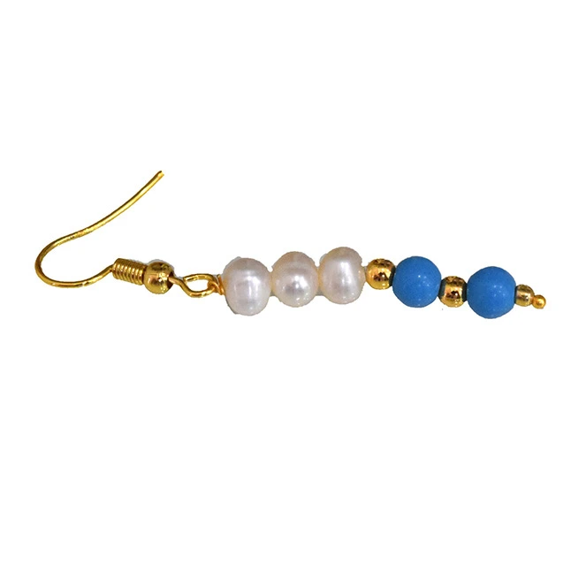 Real Freshwater Pearl, Turquoise & Gold Plated Beads Wire Earring (SE373)
