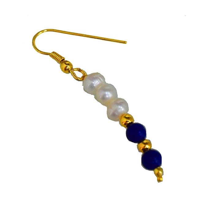 Real Freshwater Pearl, Lapiz Beads & Gold Plated Beads Wire Earring (SE374)