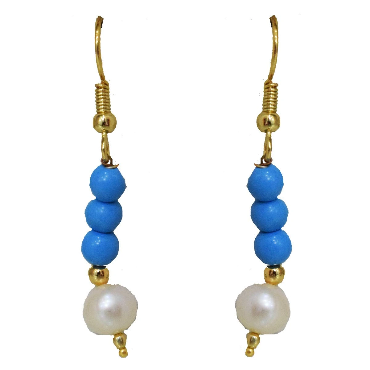 Dangling Turquoise Beads, Freshwater Pearl & Gold Plated Beads Wire Earring (SE375)