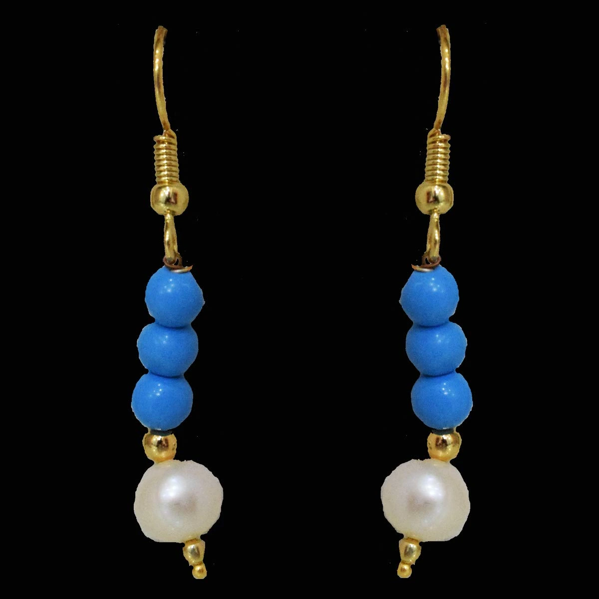 Dangling Turquoise Beads, Freshwater Pearl & Gold Plated Beads Wire Earring (SE375)