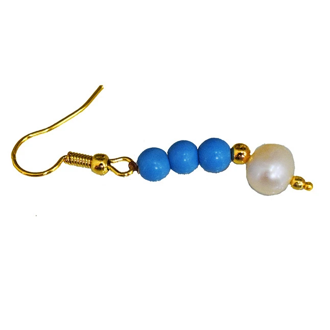 Dangling Turquoise Beads, Freshwater Pearl & Gold Plated Beads Wire Earring (SE375)