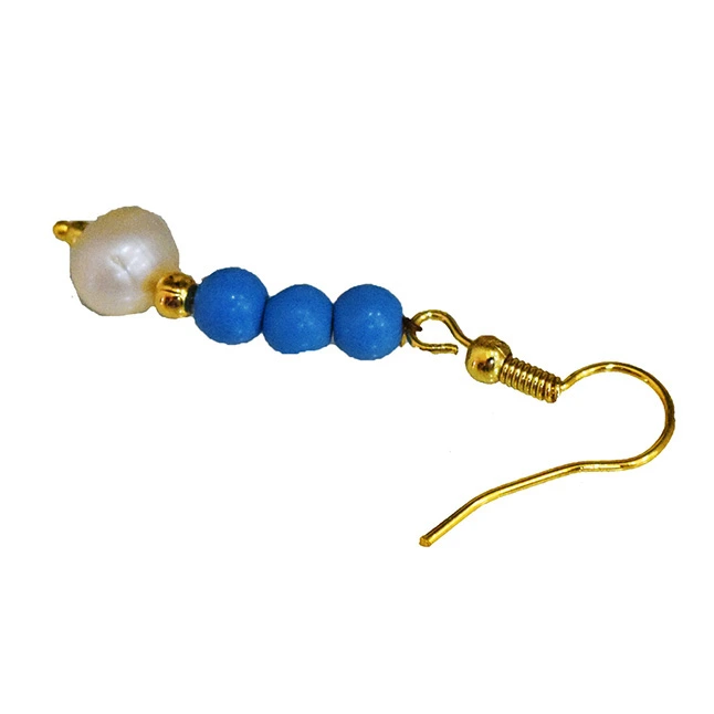 Dangling Turquoise Beads, Freshwater Pearl & Gold Plated Beads Wire Earring (SE375)