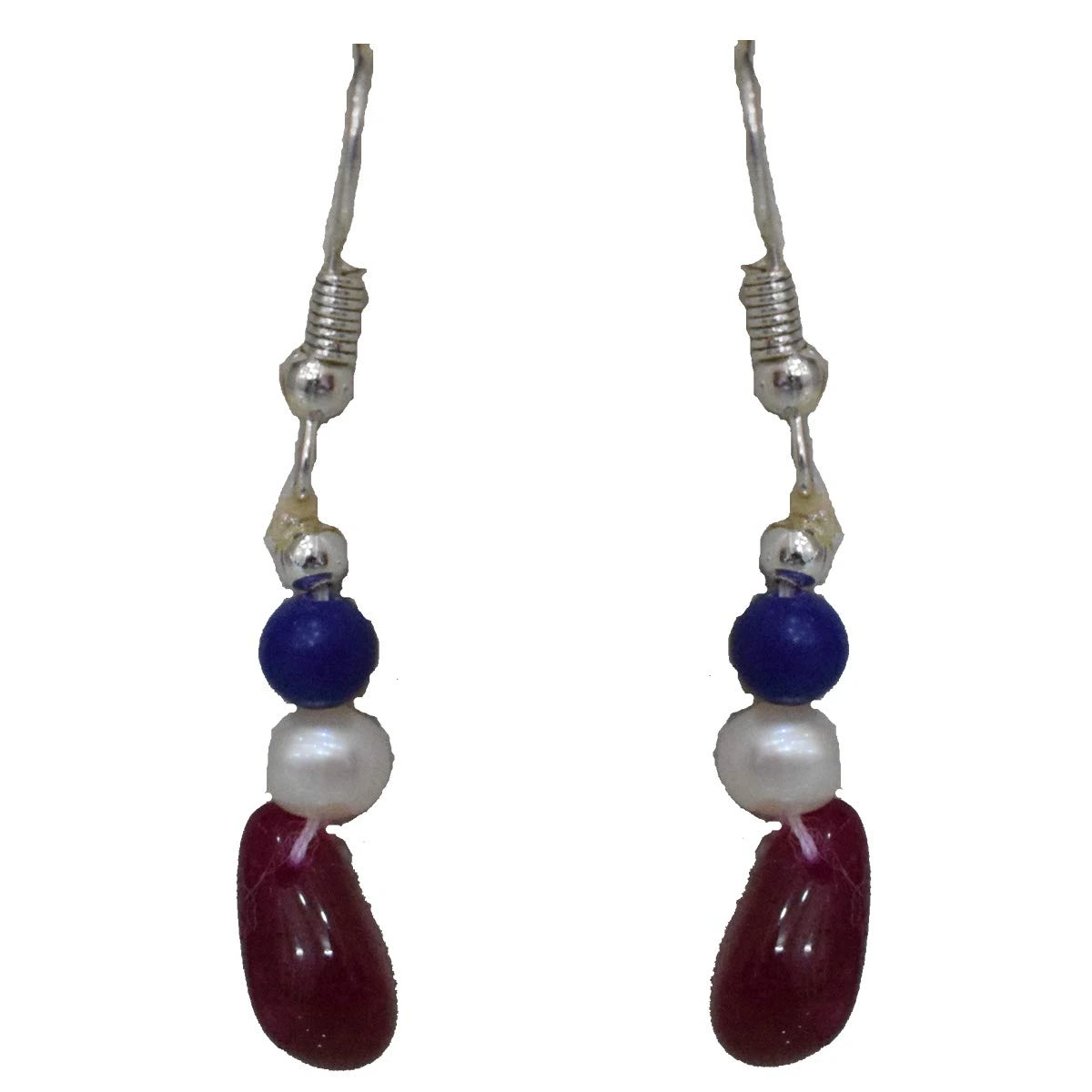 Silver Plated Metal Freshwater Pearl Ruby Lapiz Hanging Earring (SE376)