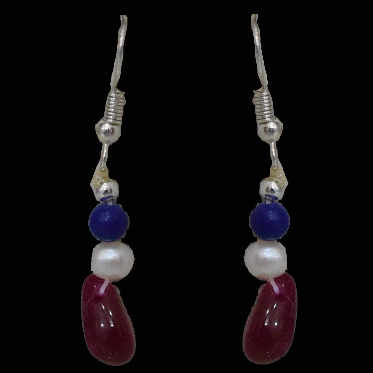 Silver Plated Metal Freshwater Pearl Ruby Lapiz Hanging Earring (SE376)