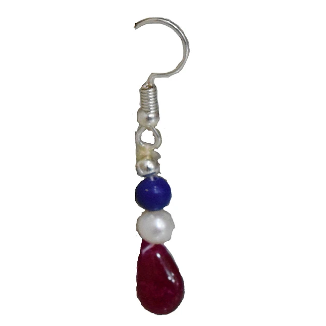 Silver Plated Metal Freshwater Pearl Ruby Lapiz Hanging Earring (SE376)