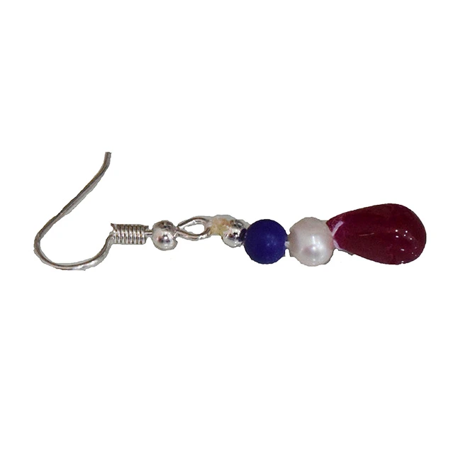 Silver Plated Metal Freshwater Pearl Ruby Lapiz Hanging Earring (SE376)